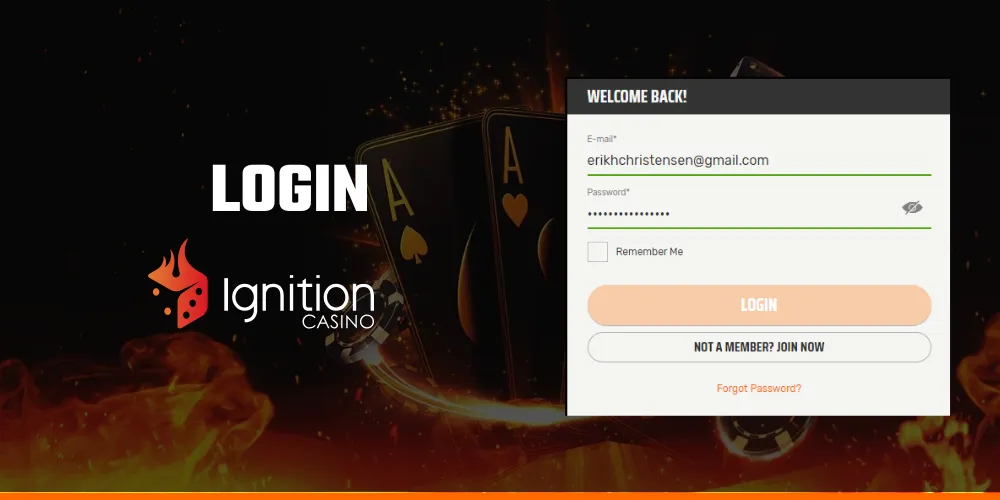 Ignition Casino Poker interface on a mobile device showing login screen and game lobby